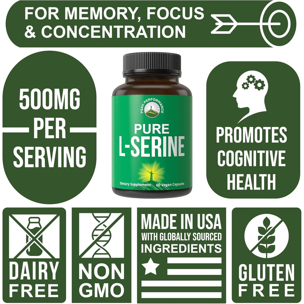 Peak Performance L-Serine Capsules 500Mg Best Brain and Nootropic Amino Acids for Production of L-Cystine, L-Tryptophan and Serotonin - USA Grade Pills - Gluten Free, Non-Gmo Supplement - 60 Servings