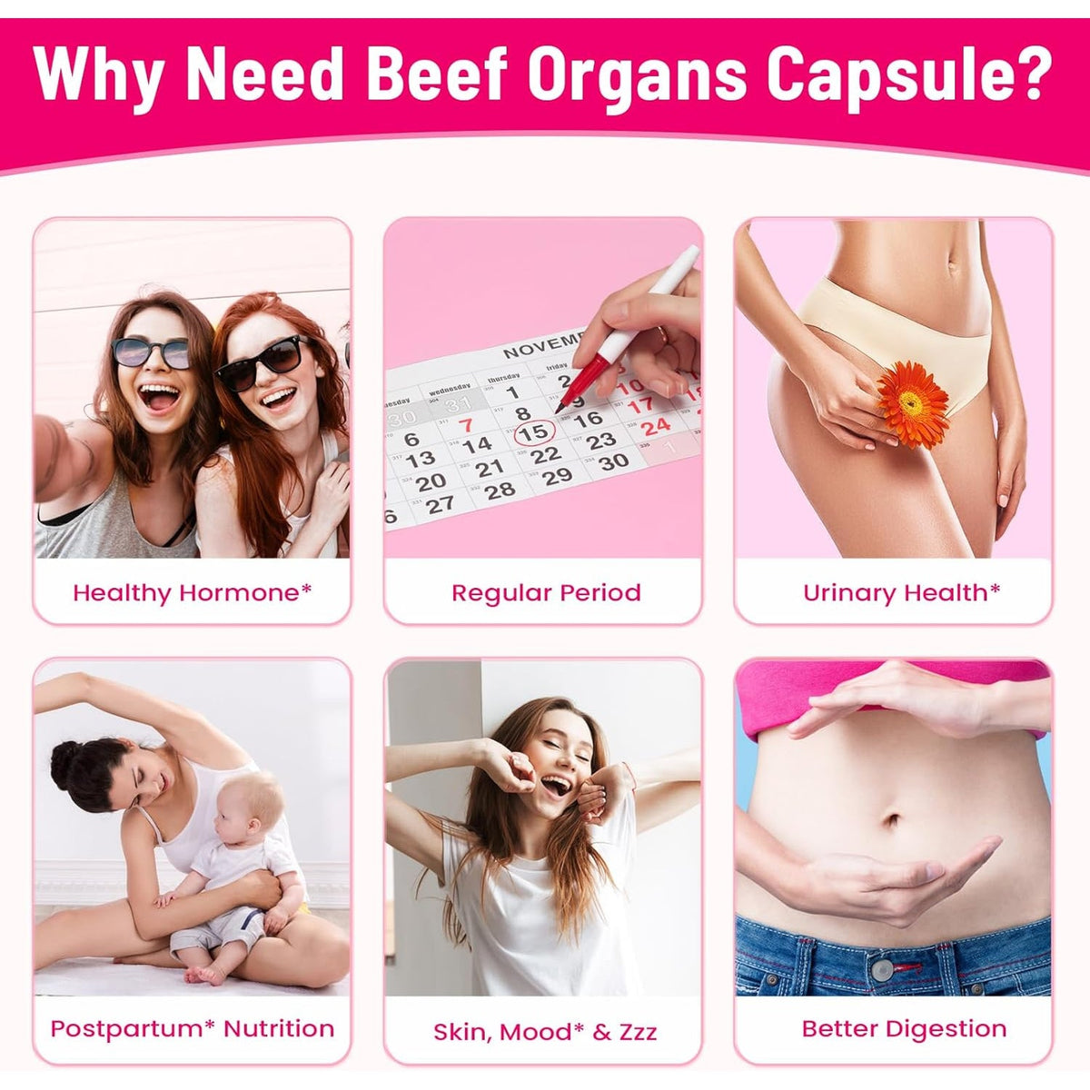 12-In-1 Beef Organ Supplement for Women - Beef Liver, Uterus, Kidney, Heart, Pancreas, 5 Vitamins & 2 Herbs, Hormone Balance, Menstruation, Energy, Immune - 100% Grass Fed, Pasture Raise - 120 Caps