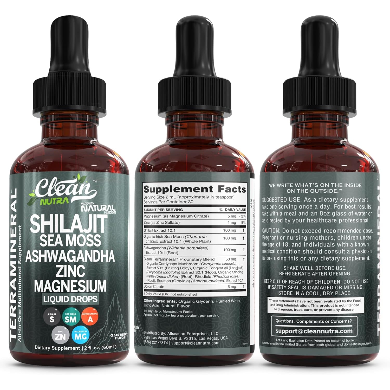 Clean Nutraceuticals Shilajit Drops Liquid | Shilajit Supplement for Men Women with Sea Moss Ashwagandha Zinc Magnesium Boron Fulvic Acid – Himalayan Shilajit Energy Vitality Stamina – 2Oz
