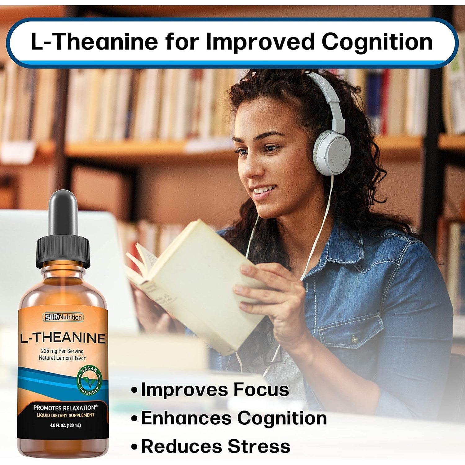 SBR Nutrition Liquid L-Theanine Drops | All Natural, Vegan, Alcohol Free, Non-Gmo | for Sleep Aid, Calm, Relaxation, Focus without Drowsiness | Synergistic with Coffee or Caffeine