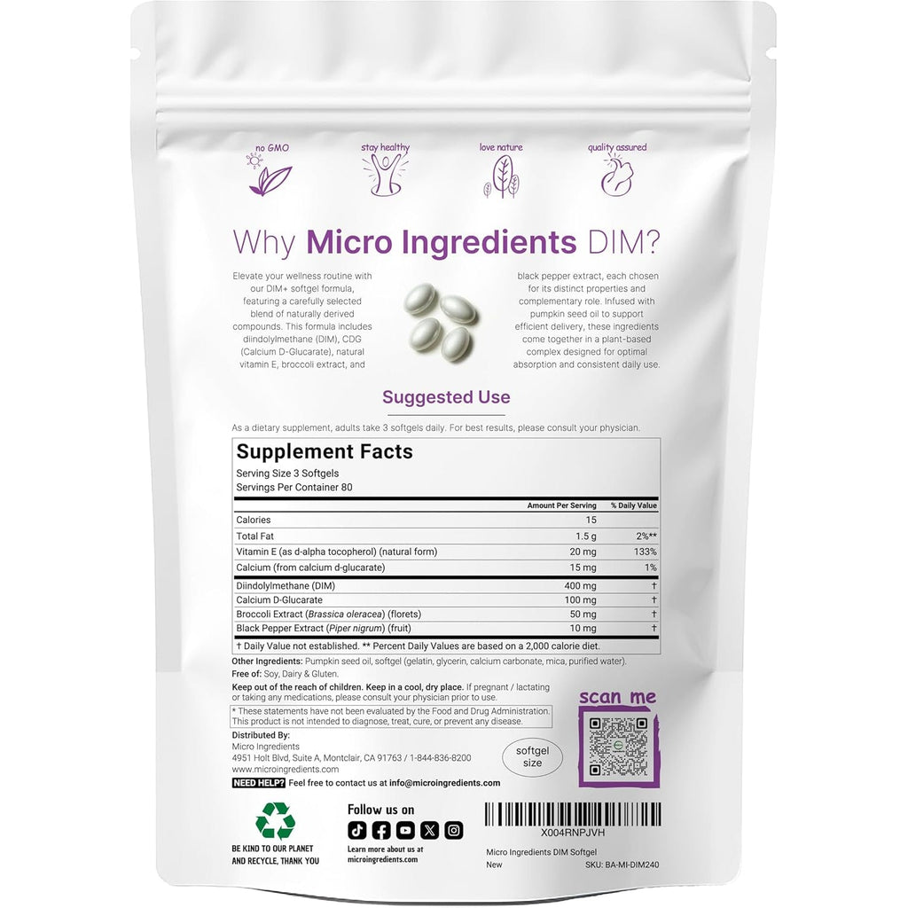 Micro Ingredients DIM+ Supplement 400Mg for Men & Women | 240 Softgels with Pumpkin Seed Oil | Highly Bioavailable 7-In-1 Complex with Vitamin E, CDG, Broccoli & Black Pepper Extract