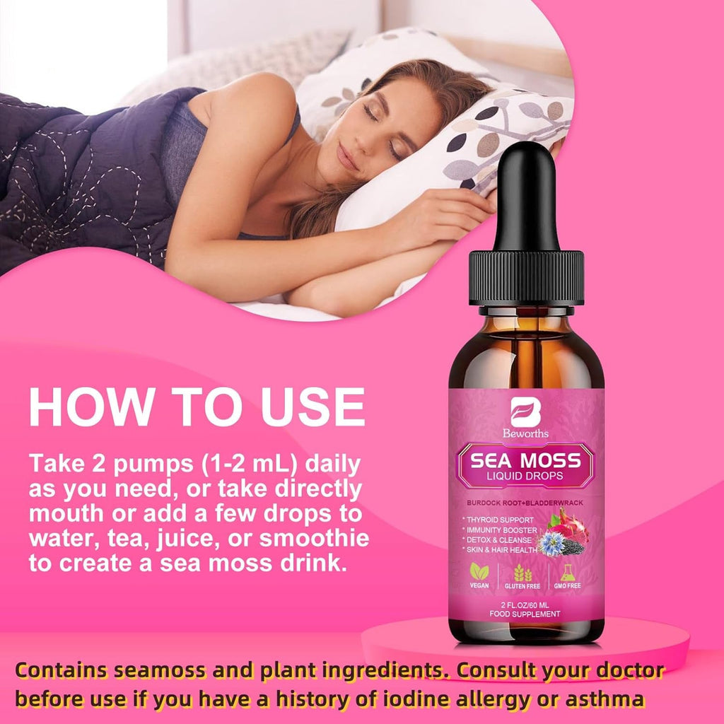 Sea Moss Liquid Drops - Organic Irish Sea Moss with Black Seed Oil, Ashwagandha, Soursop, Bladderwrack, Burdock Root, Elderberry, Turmeric | Seamoss for Immune Support, Energy, Hair & Digestion -Vegan