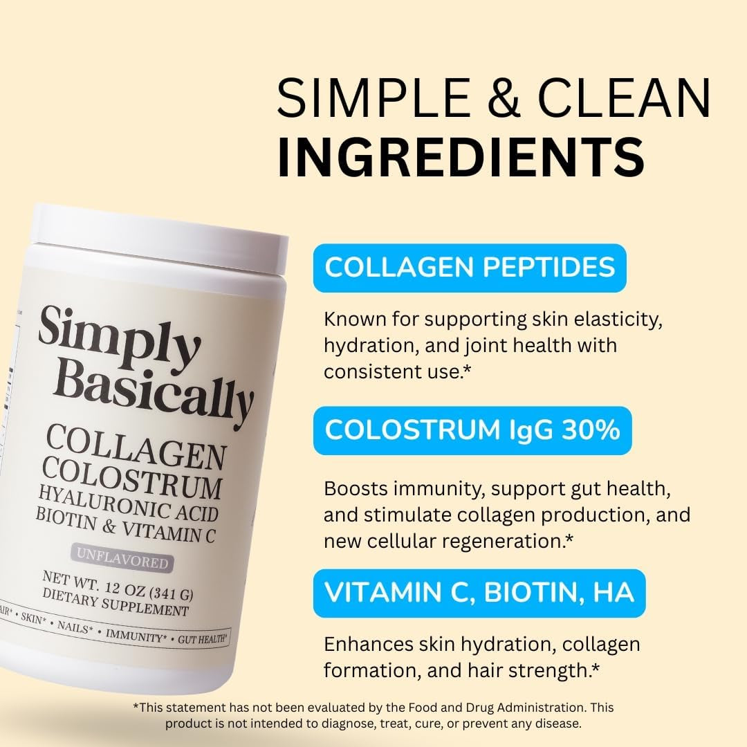 Colostrum & Collagen Peptides Powder with Biotin, Hyaluronic Acid & Vitamin C | Gut Health & Bloating, Immune Support, Hair, Skin & Nails Supplement | Unflavored | 30 Servings