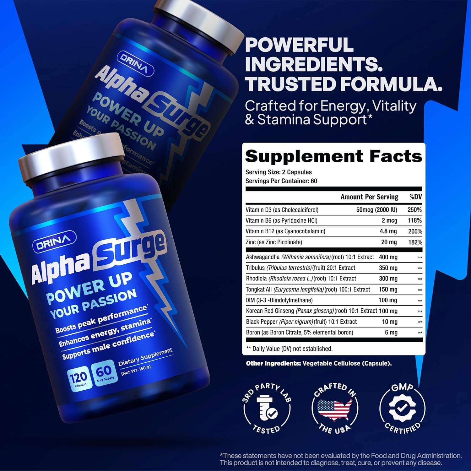 Pills for Men Fast Acting - Male Enhancing Supplement Testosterone Booster - Blood Flow, Libido, Size, Girth, Hardness, Stamina, Enlargement, Growth - Natural Performance Enhancer - 2 Month Supply