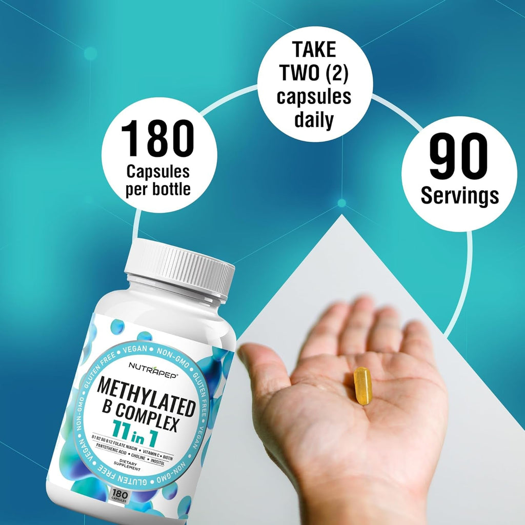 Nutrapep Methylated B-Complex Vitamins - Complete Methyl B Complex Multivitamin with Bioactive B9 5-MTHF B6 B12 - MTHFR Support Supplement for Brain Heart Energy - Vegan Gluten Free Sugar Free