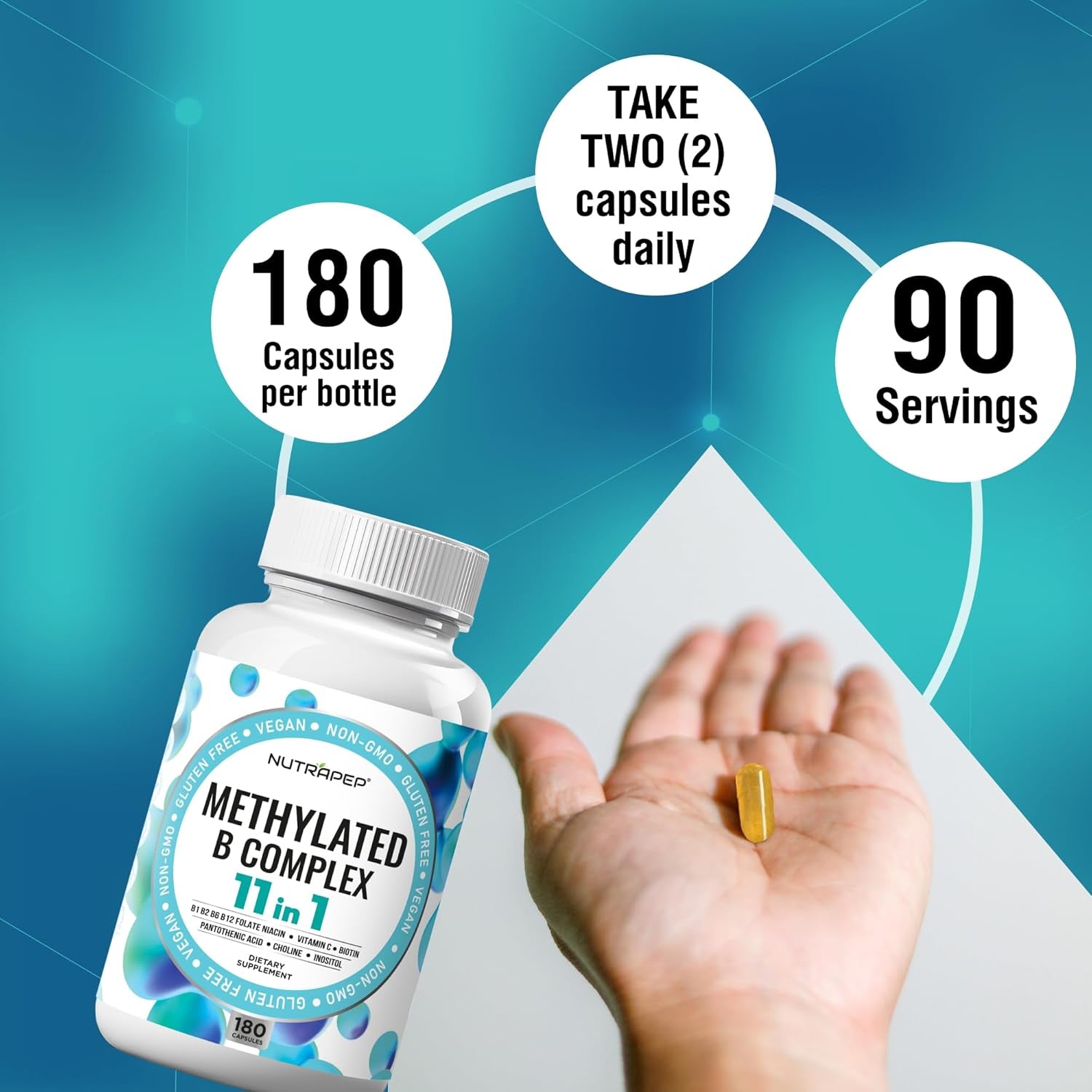 Nutrapep Methylated B-Complex Vitamins - Complete Methyl B Complex Multivitamin with Bioactive B9 5-MTHF B6 B12 - MTHFR Support Supplement for Brain Heart Energy - Vegan Gluten Free Sugar Free