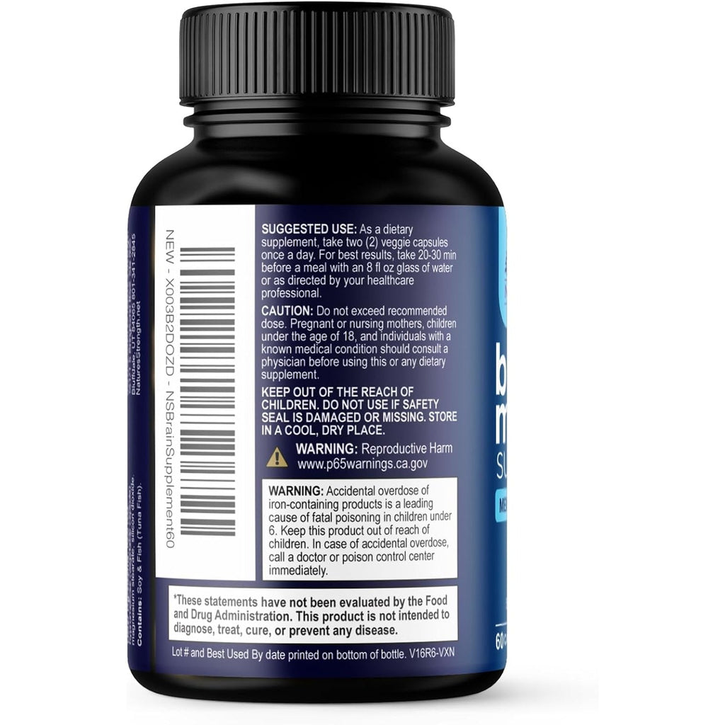 Brain Memory Supplement Pills - 3X Strength Nootropics for Concentration, Clarity & Focus Support - Brain Health Cognitive Vitamins with Bacopa, Phosphatidylserine & DMAE, Brain Booster - 60 Capsules