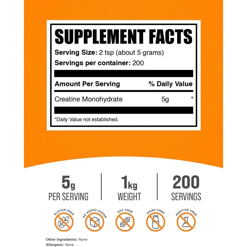 Bulksupplements.Com Creatine Monohydrate Powder - Micronized Creatine Powder, Unflavored - Pure & Gluten Free, 5G (5000Mg) per Servings, 1Kg (2.2 Lbs) (Pack of 1)