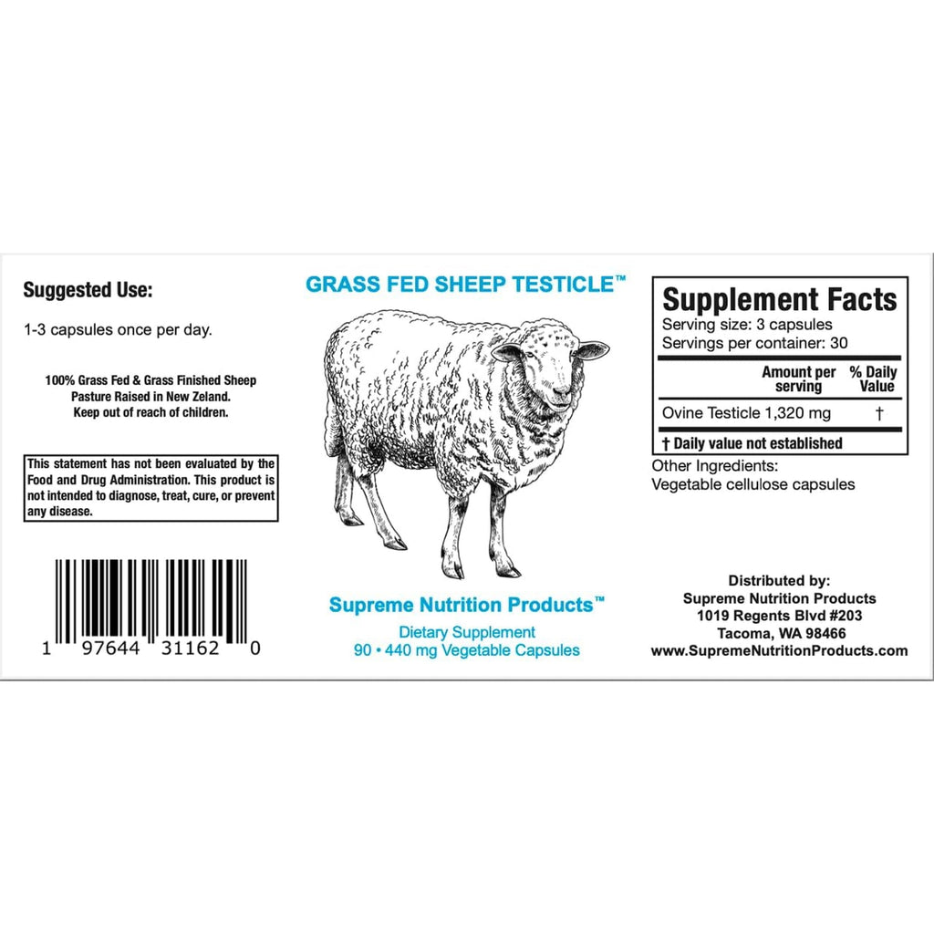 Supreme Nutrition Sheep Testicle - 100% Grass Fed and Finished in New Zealand, 90 Capsules of Pure Ovine Testicle