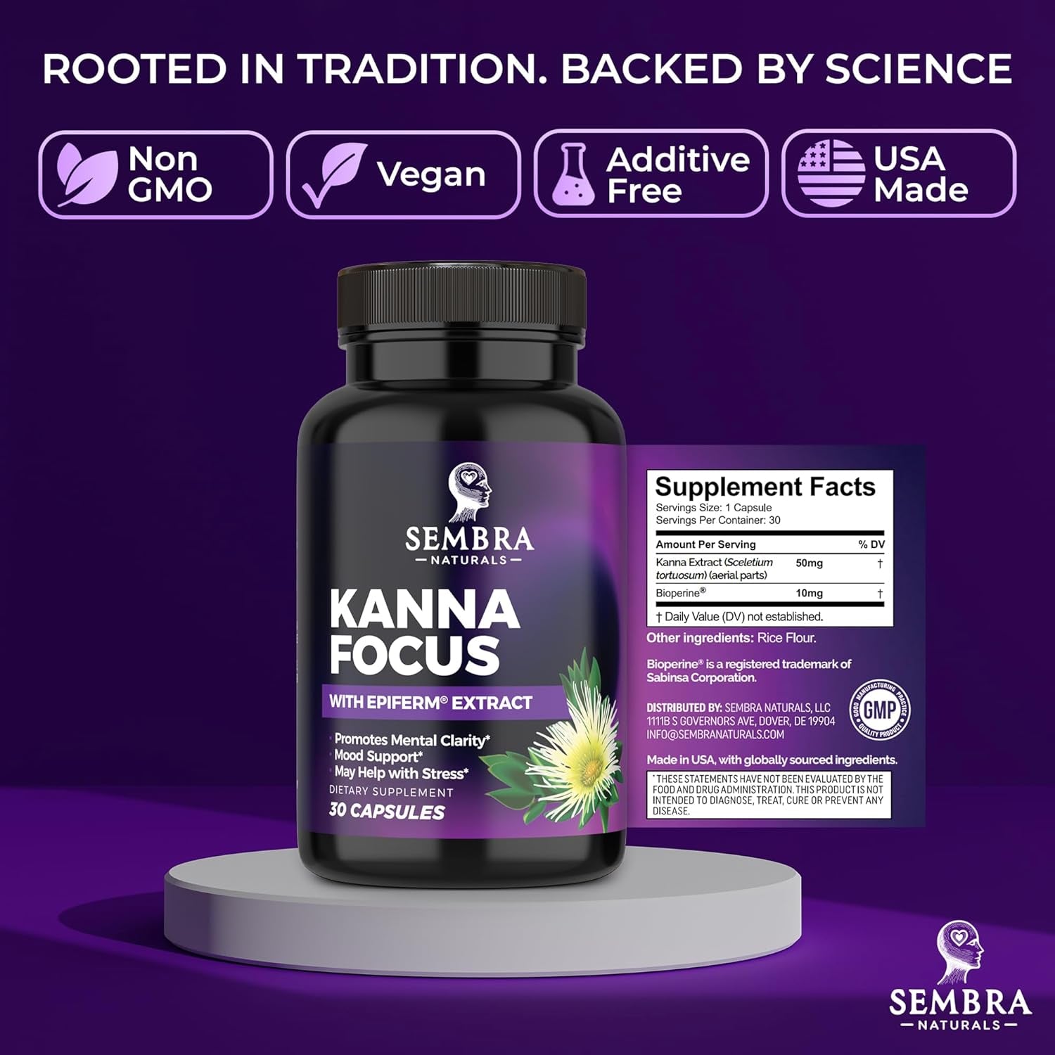 KANNAFOCUS - Natural Kanna Extract 50Mg, Fermented Sceletium Tortuosum & Bioperine® - Focus, Mood & Mental Wellness Support - Herbal Nootropic for Daily Clarity & Energy - 30 Capsules