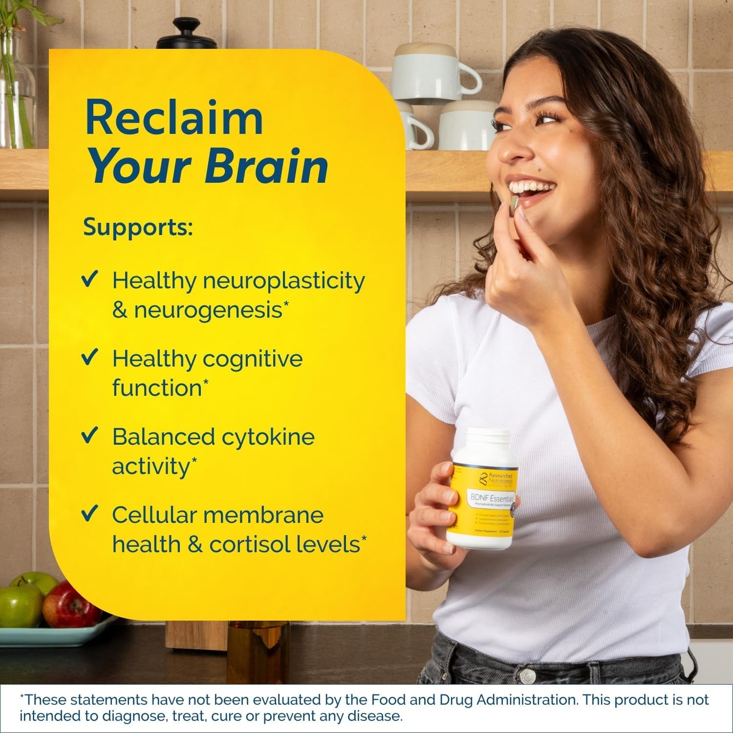 Researched Nutritionals BDNF Essentials - Clinically Researched Brain Supplement with Bacopa Monnieri & Lions Mane Mushroom - Supports Neuroplasticity, & Healthy Cortisol Levels, 120 Capsules