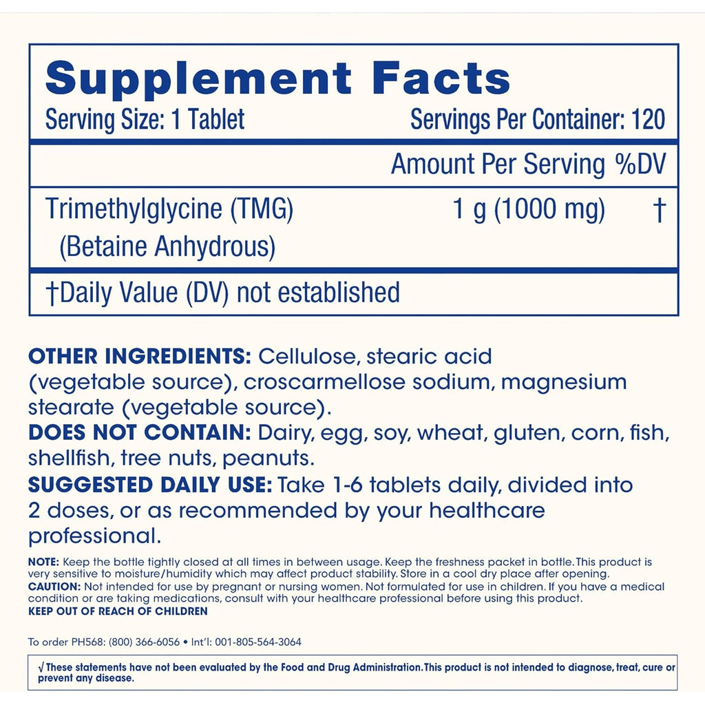 Prohealth Longevity | TMG Supplements (Trimethylglycine), Betaine Anhydrous - 1,000 Mg, 120 Tablets - Methylation Support (120 Count (Pack of 1))