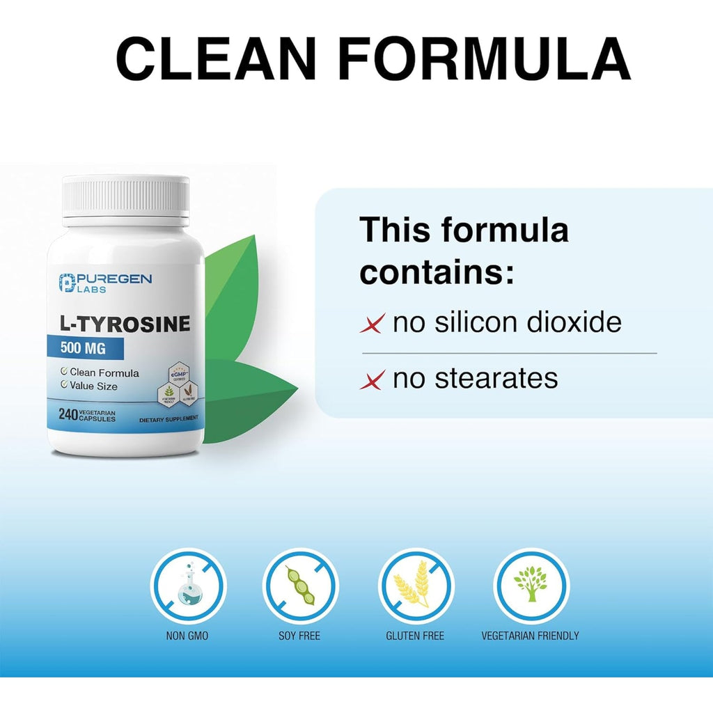 Puregen Labs L-Tyrosine 500 Mg, 240 Vegetable Capsules | No Harmful Additives | Non-Gmo, Vegan, Gluten Free, Dairy Free - 240 Servings