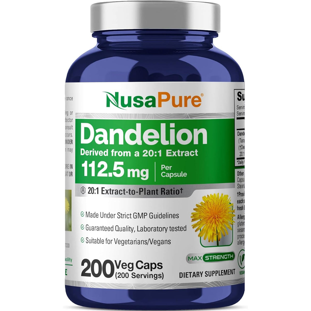 Nusapure Dandelion Root Capsules, 112.5 Mg, 200 Veg Capsules (Non-Gmo, Vegan)