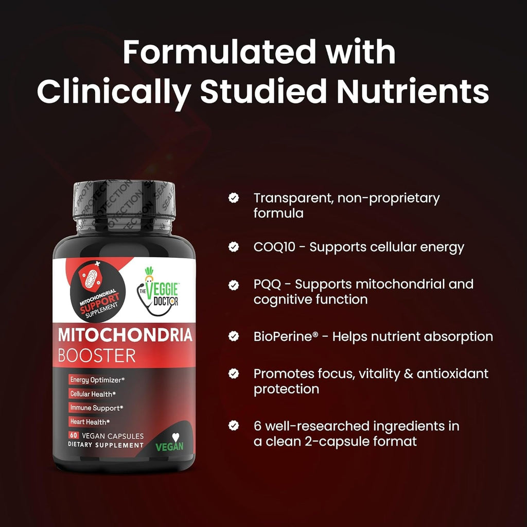 Vegan Mitochondrial Support – Advanced Cellular Wellness & Natural Energy Formula with Coq10, PQQ, Acetyl-L-Carnitine, Alpha-Lipoic Acid, Magnesium, Bioperine® - Daily Support (60 Capsules)