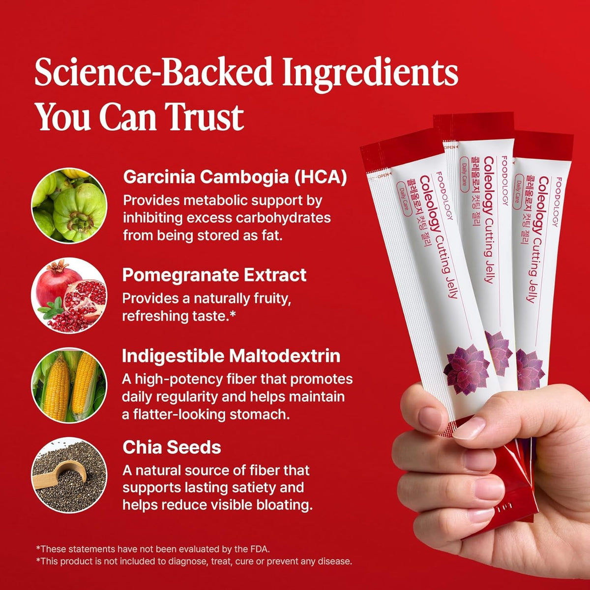 FOODOLOGY Coleology Cutting Stick Jelly (Pomegranate) – Dietary Fiber Supplement for Healthy Weight Management, Chia Seeds & Garcinia Cambogia, Korean Beauty with Collagen – 10 Sticks