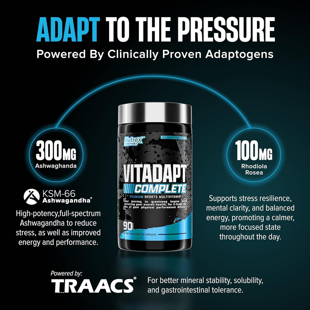 Nutrex Research Vitadapt Complete Sports Multivitamin for Men - 24 Vitamins, KSM-66 Ashwagandha and Minerals for Athletes - Mens Multivitamin (90 Capsules)