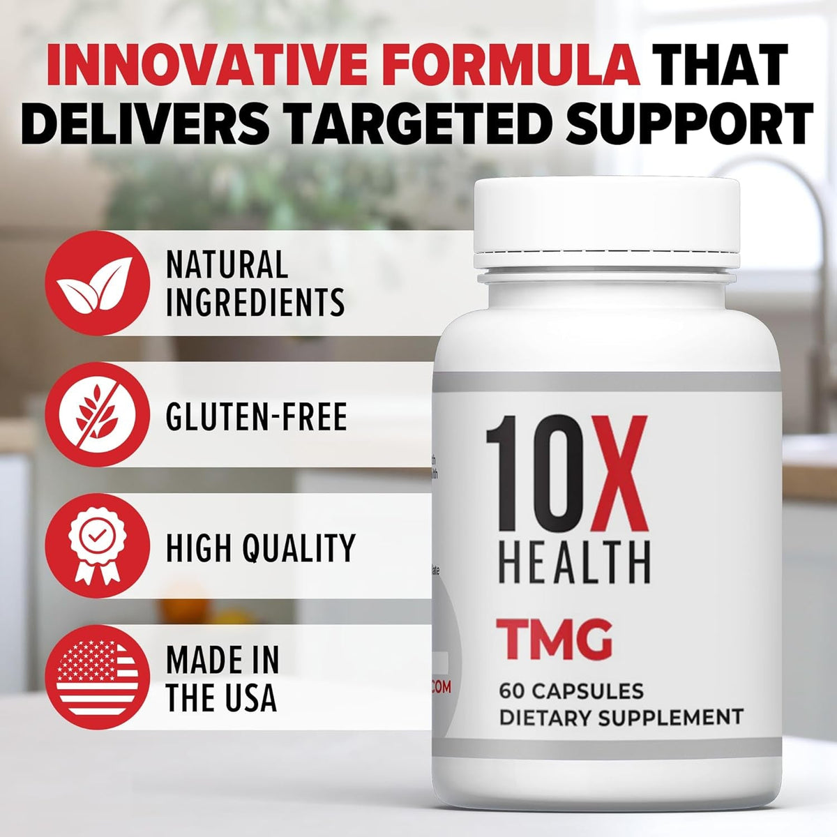 10X Health TMG Supplements - Trimethylglycine Supplement for Liver Support, Heart Wellness, Energy, Homocysteine Levels - TMG Capsules with Betaine Anhydrous - Non-Gmo & Gluten-Free - 60 Capsules