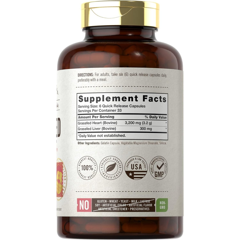 Carlyle Grass Fed Beef Heart Supplement | 3200Mg | 200 Count | Desiccated Pasture Raised Bovine Capsules | Non-Gmo, Gluten Free | by Herbage Farmstead