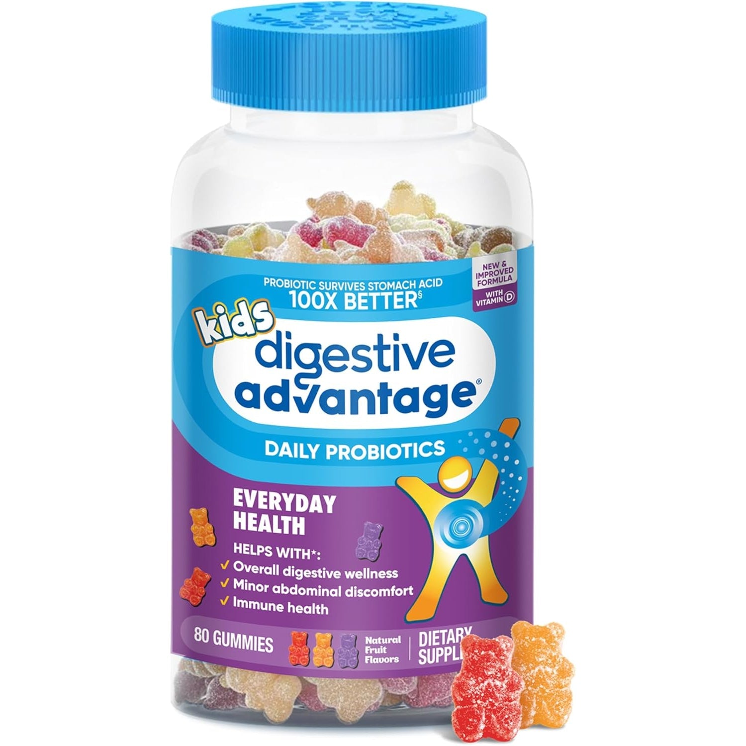 Digestive Advantage Daily Probiotic Gummy for Kids, Multi, Natural Fruit Flavours, 80.0 Count