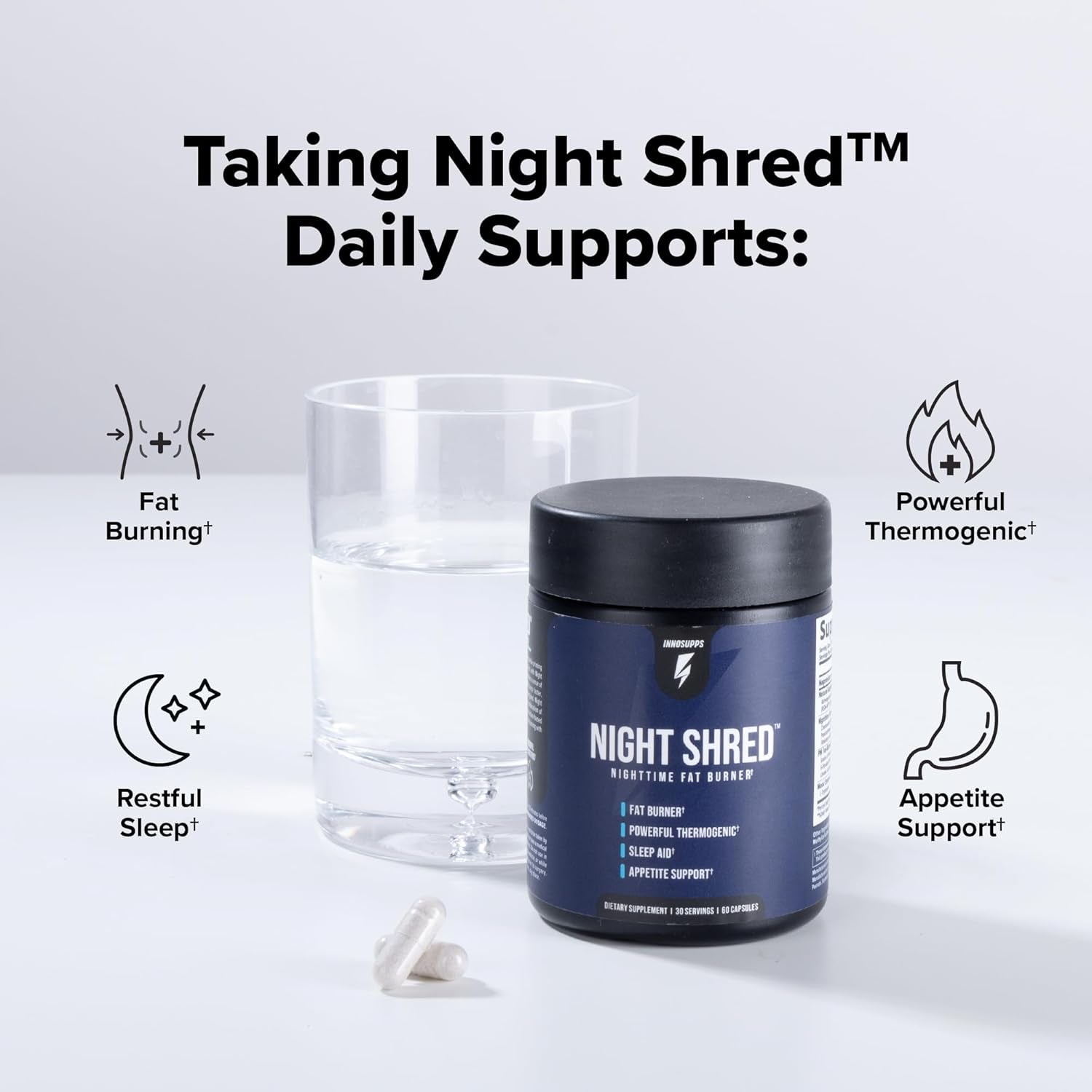 Innosupps Night Shred - Night Time Fat Burner, Weight Loss, and Natural Sleep Support Ashwagandha, 5-HTP, CLA, Melatonin Appetite Suppressant Fat Burning 60 Vegetarian Capsule / 30 Day Supply