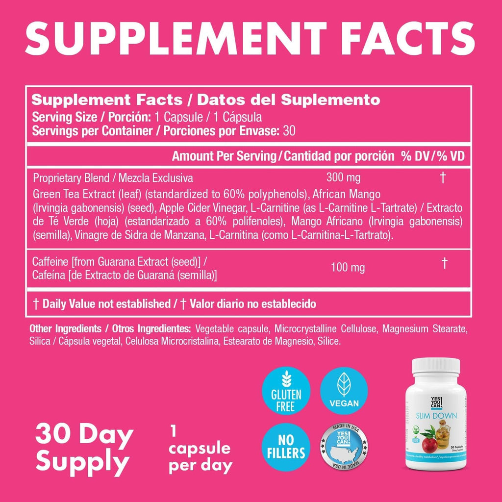 Yes You Can! Slim down Dietary Supplements - with African Mango, L-Carnitine, Apple Cider Vinegar, Green Tea Extract, and Caffeine Derived from Guarana Seed Extract, 30 Capsules/1 Month Supply