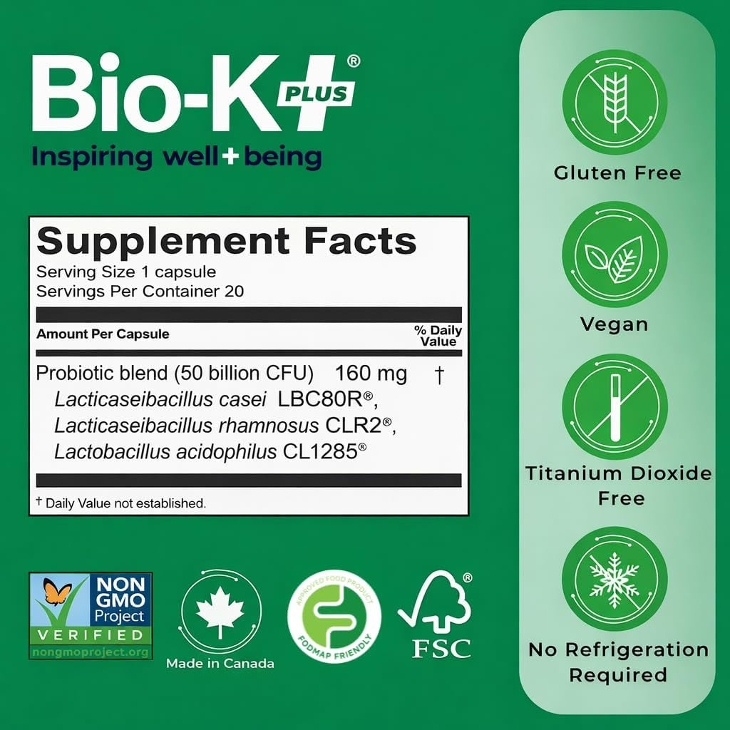 Bio-K+ Probiotic Advanced Bowel Support – 50 Billion CFU – Vegan, Gluten-Free, Non-Gmo – Supports Digestive Health & Regularity – for Men & Women – 20 Probiotic Capsules