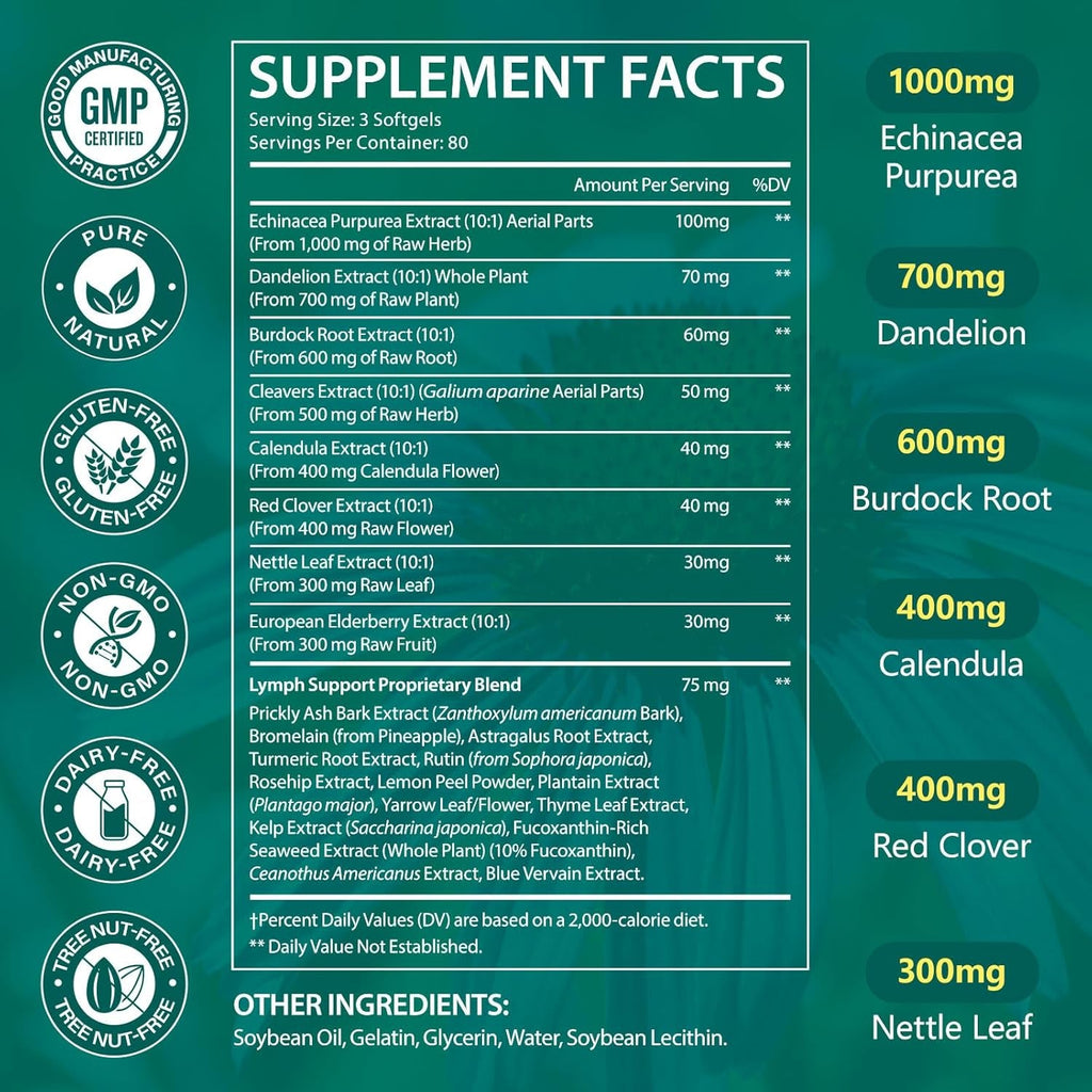 Lymphatic Drainage Supplements, 240 Softfels, 21-In-1 Natural Herbal Blends with Echinacea, Dandelion, Burdock Root for Lymph System, Immune Support, Cleanse, Less Swelling/Bloating