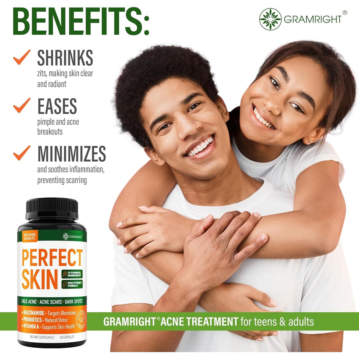 Perfect Skin Acne Pills - Clear Skin Supplement with Niacinamide, Probiotic, Zinc & Vitamin a - anti Acne Vitamins for Teens, Men & Women - Support for Face & Back Acne, Acne Scars - 60 Capsules