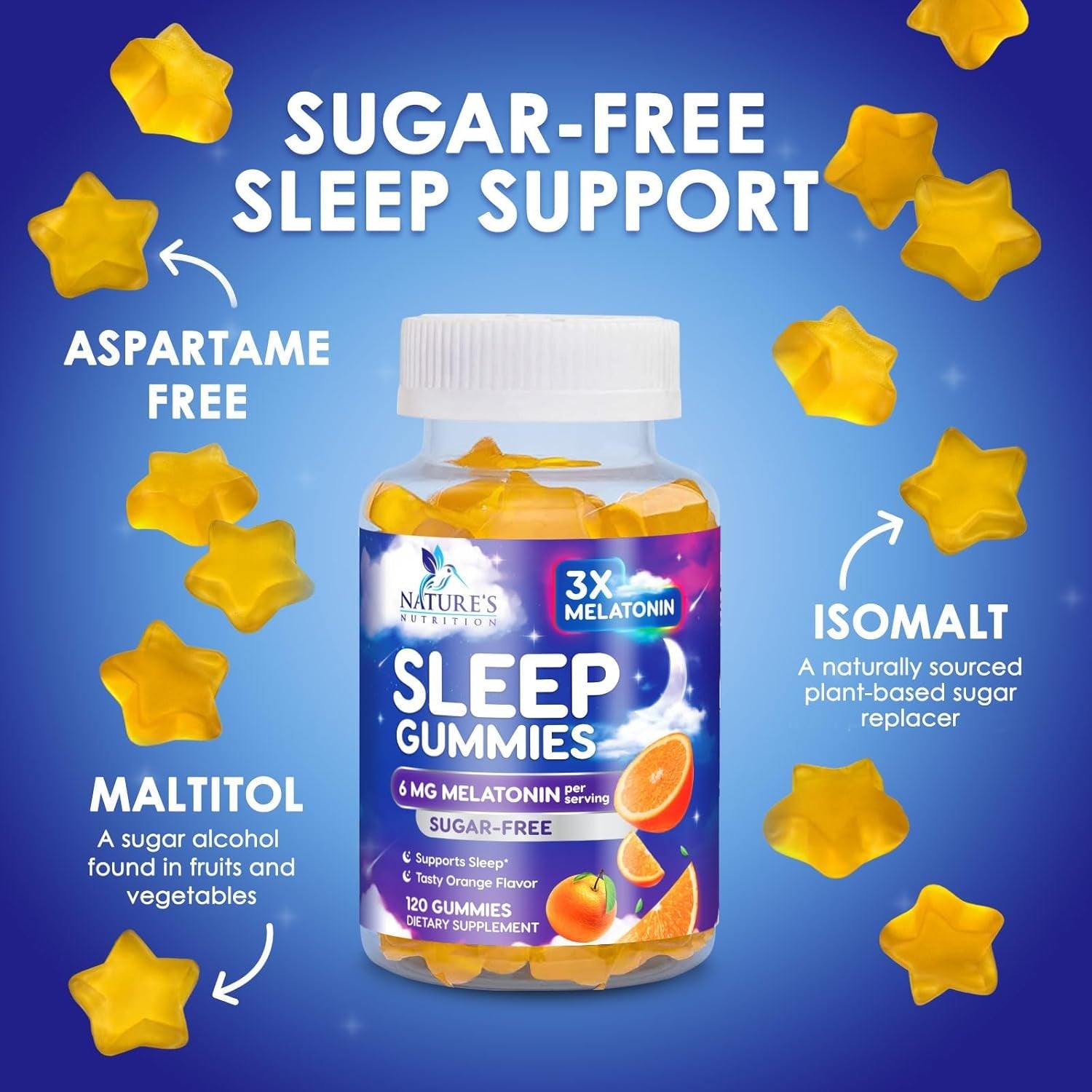 Melatonin Sleep Gummies - Melatonin 6Mg per Serving - Sugar-Free Melatonin Gummy for Adults - Extra Strength Sleeping Gummy Supplement - Supports Restful Sleep - Tasty Orange Flavor - 120 Gummies