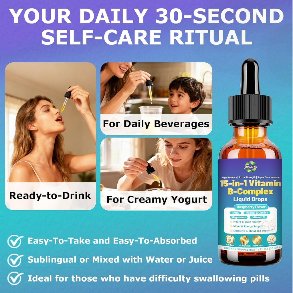 Advanced Vitamin B Complex Liquid Drops for Women Men & Kids, 15-In-1 VIT B Complex with Vitamin C B12 B6 B1 Niacin Folate for Brain Nerve Neuropathy Energy Mood Health, Sublingual B-Complex Drops