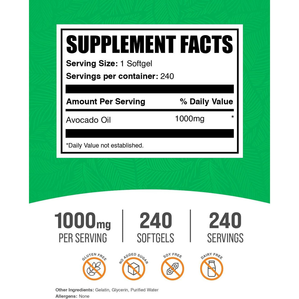Bulksupplements.Com Avocado Oil 1000Mg Softgels - Avocado Oil Supplement, Avocado Oil Capsules, Avocado Oil Pills - Gluten Free & Soy Free, 1 Avocado Oil Softgel per Serving, 240 Softgels