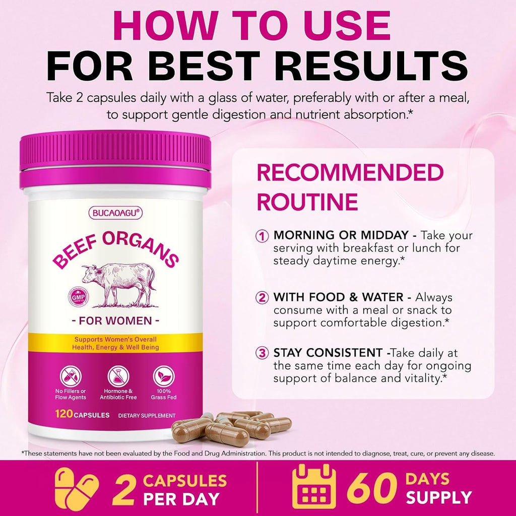 Beef Organ Supplement for Women - Grass-Fed Beef Liver, Kidney, Heart, Uterus, Ovary - Supports Female Energy & Hormone Balance - Pasture Raised in New Zealand - Iron, B12 & Coq10 - 120 Capsules