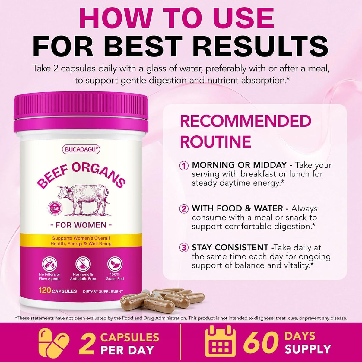 Beef Organ Supplement for Women - Grass-Fed Beef Liver, Kidney, Heart, Uterus, Ovary - Supports Female Energy & Hormone Balance - Pasture Raised in New Zealand - Iron, B12 & Coq10 - 120 Capsules