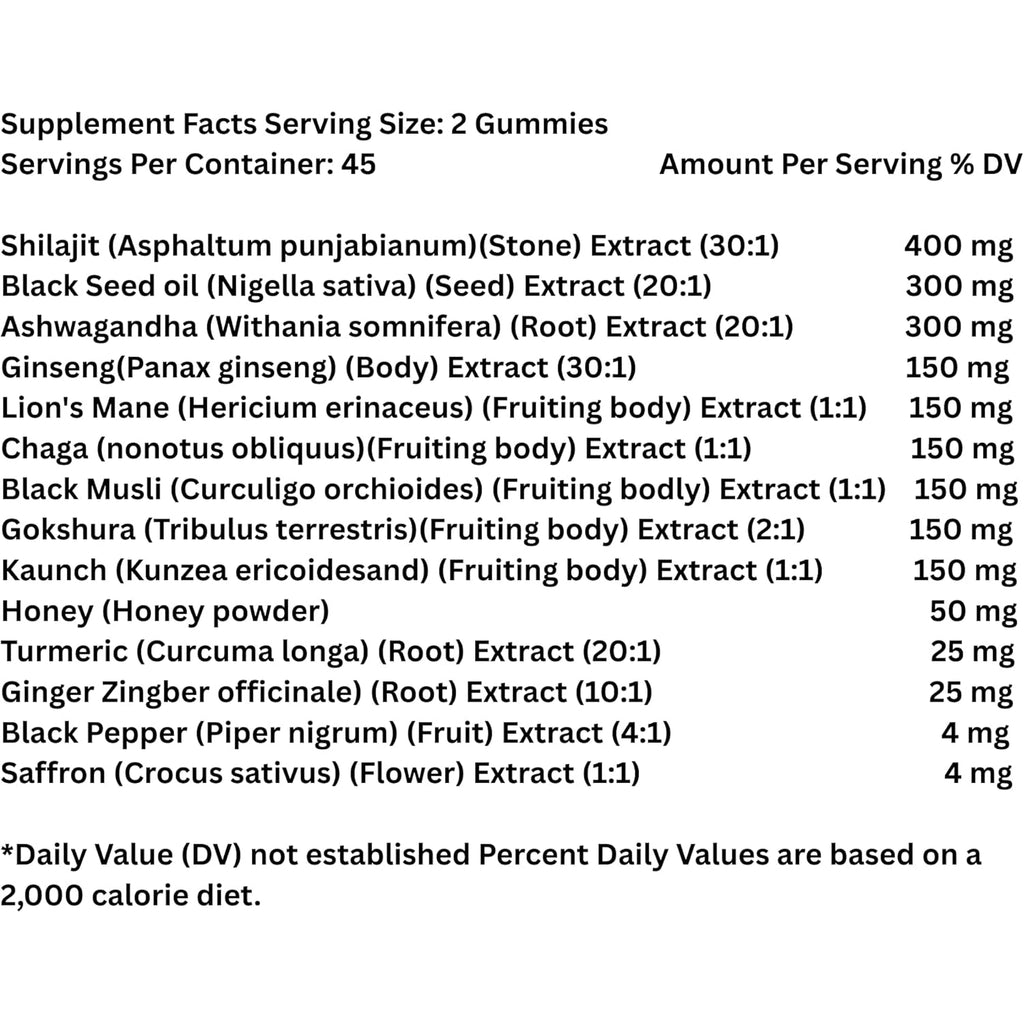 Organic Himalayan Shilajit Gold Gummies for Men and Women, Black Seed Oil, Ashwagandha, Ginseng, Turmeric, Gokshura, Lion'S Mane, Lab Tested, No Sugar Added, Halal, 90Gummy