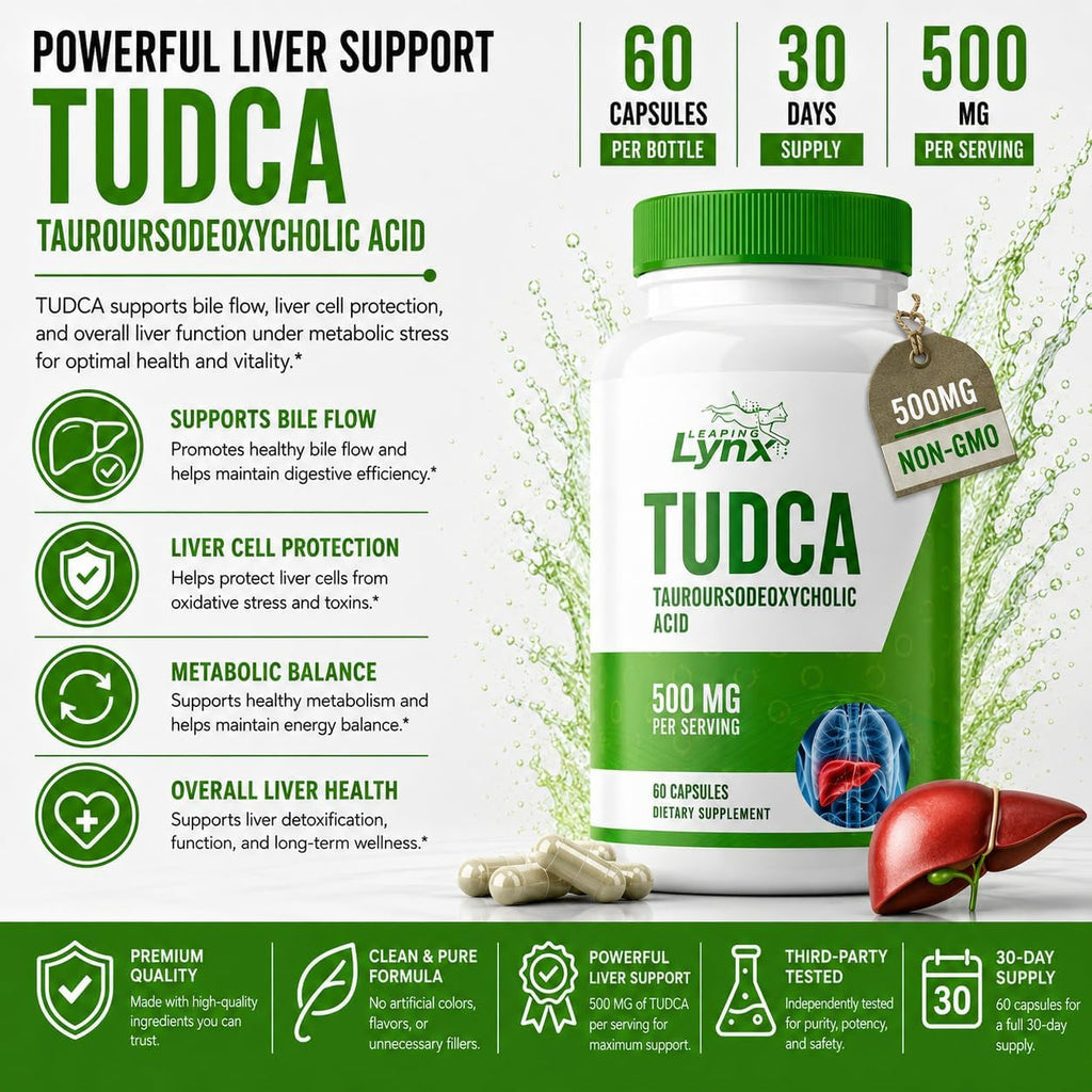 Leaping Lynx TUDCA 500Mg – Tauroursodeoxycholic Acid Supplement – 60 Capsules – TUDCA Liver Support Supplement – Bile Acid Digestive Support – Non-Gmo, Iso-Certified