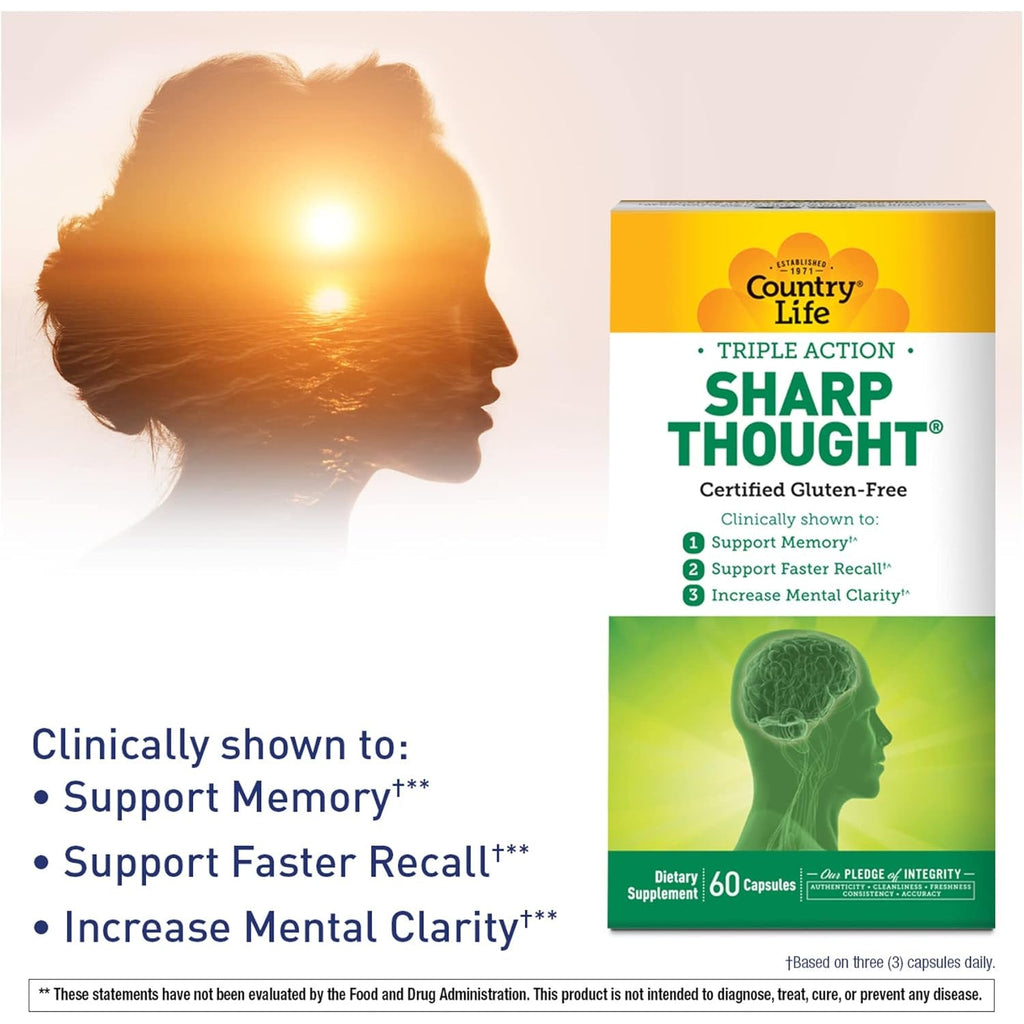 Country Life Sharp Thought - Memory & Cognitive Support Supplement – Sharp-Ps Gold Phosphatidylserine + DHA – Promotes Mental Clarity & Faster Recall – Gluten-Free, 60 Capsules