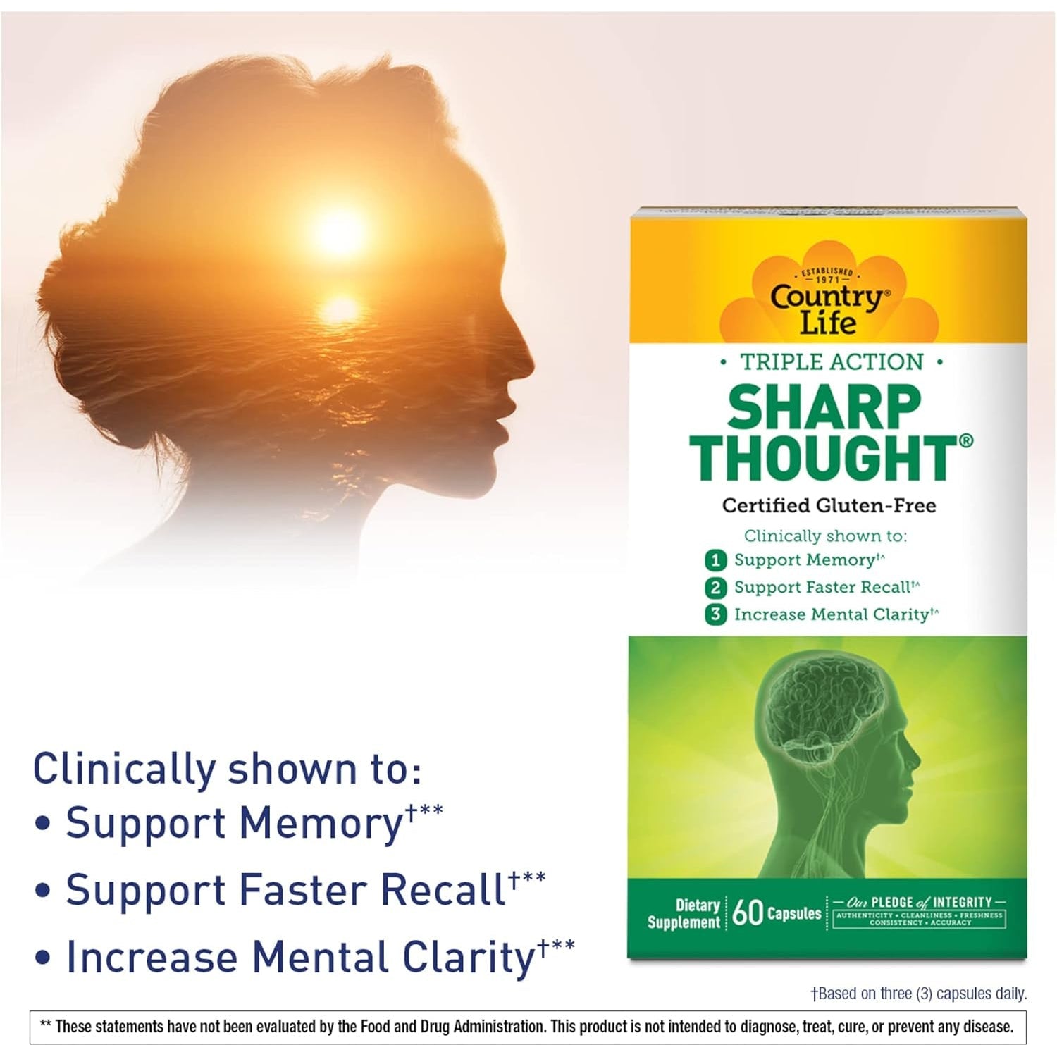 Country Life Sharp Thought - Memory & Cognitive Support Supplement – Sharp-Ps Gold Phosphatidylserine + DHA – Promotes Mental Clarity & Faster Recall – Gluten-Free, 60 Capsules