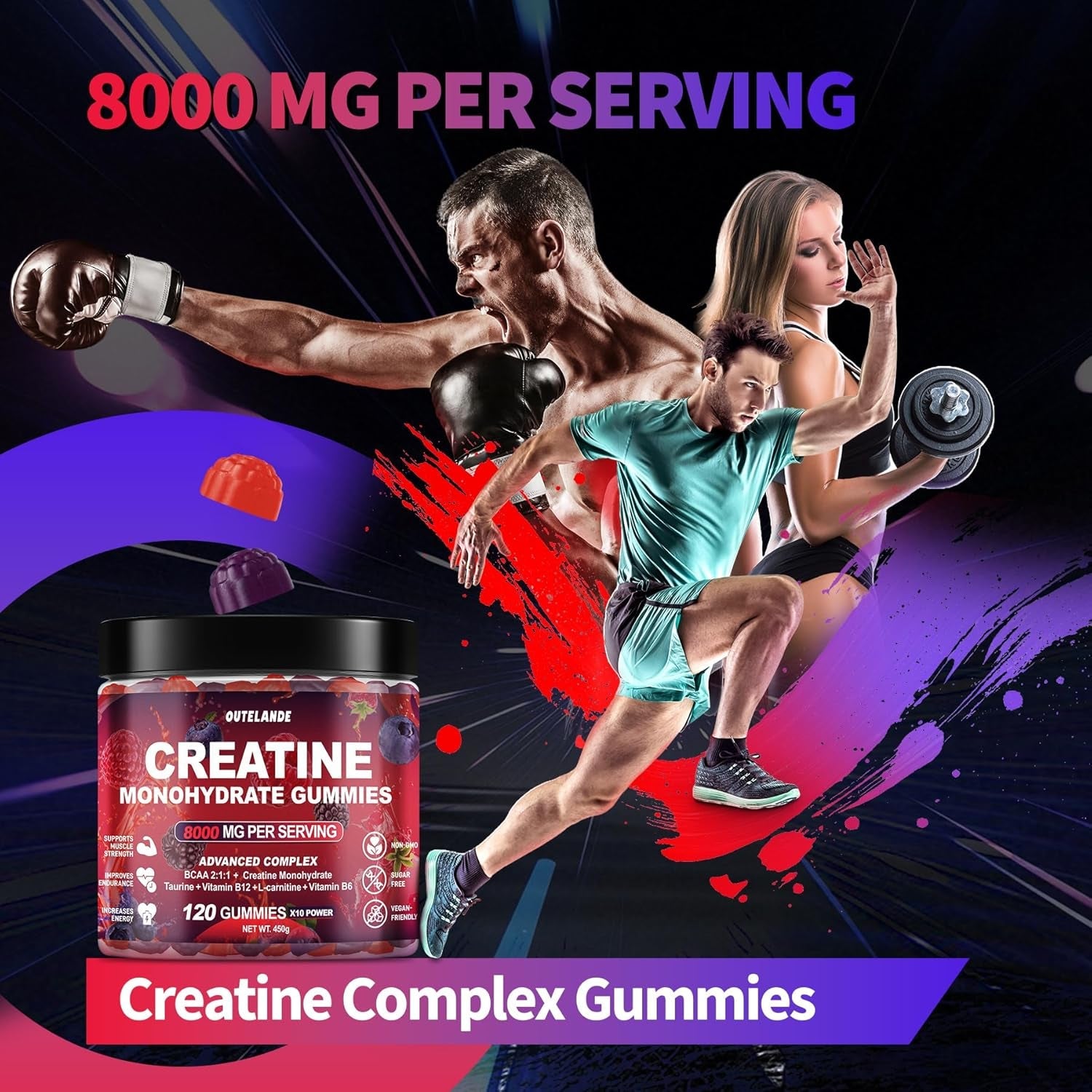 Creatine Monohydrate Gummies for Men & Women, Creatine Supplement for Enhanced Muscle Growth, Energy Boost - with L-Taurine, Sugar Free, Vegan, Raspberry Blackberry Blueberry Flavor-120 Count