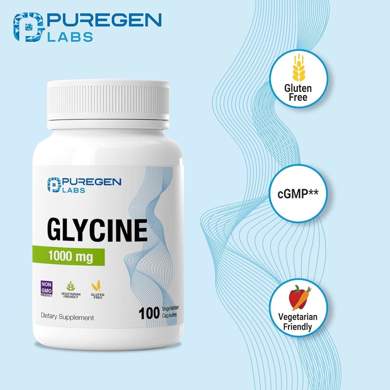 Puregen Labs Glycine 1000Mg [High Potency] 100 Vegetarian Capsules, Promotes Healthy Rest | No Harmful Additives | Non-Gmo, NO Gluten and Dairy -100 Servings