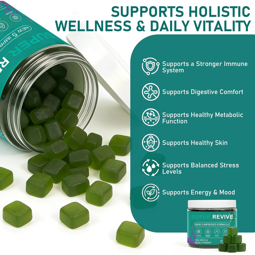 Super Revive Gummies for Hair Loss - Sea Moss Gummies with Vitamin C, E, Aloe Vera & Pearl Powder Glow, Promotes Thicker, Fuller & Stronger Hair - 60 Count