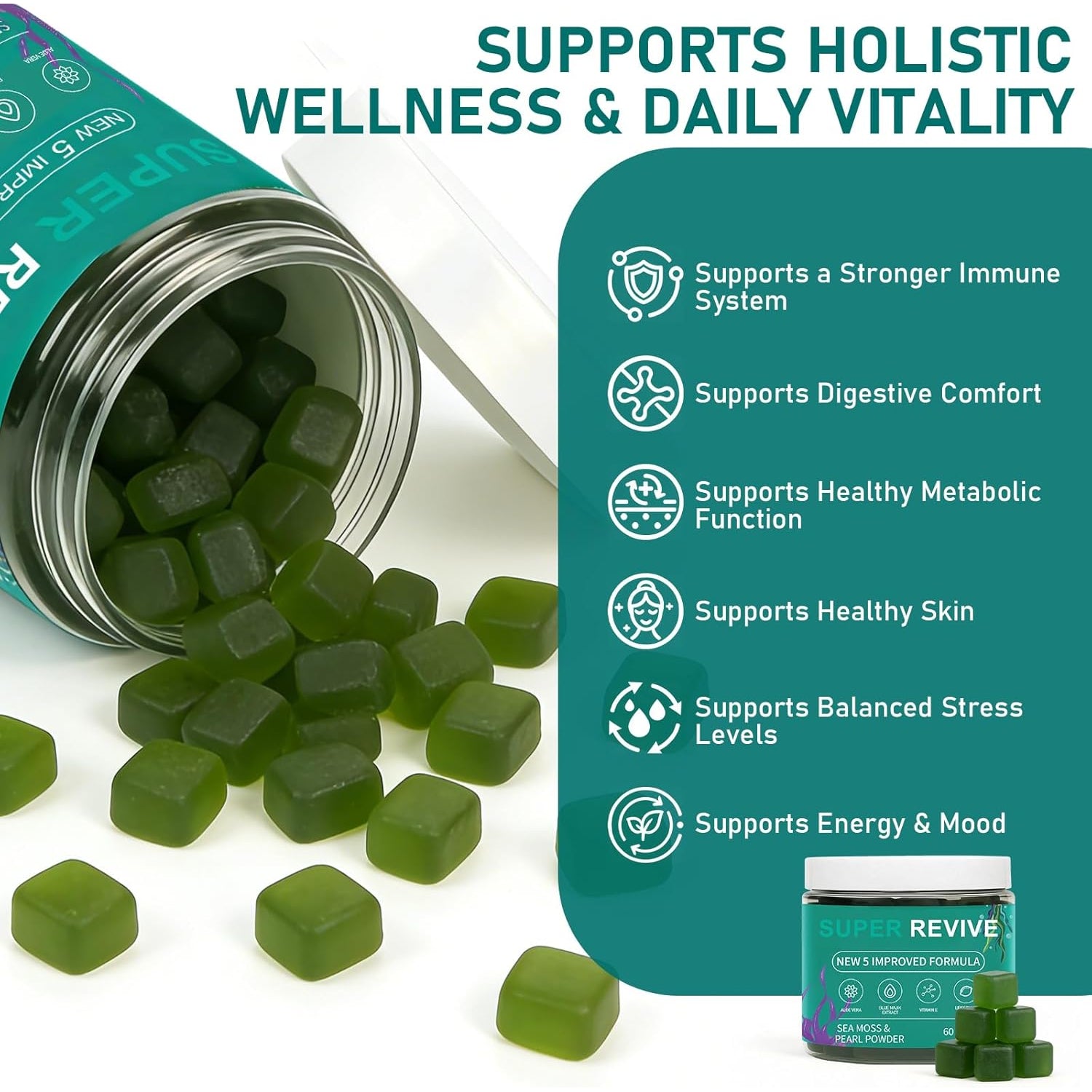 Super Revive Gummies for Hair Loss - Sea Moss Gummies with Vitamin C, E, Aloe Vera & Pearl Powder Glow, Promotes Thicker, Fuller & Stronger Hair - 60 Count