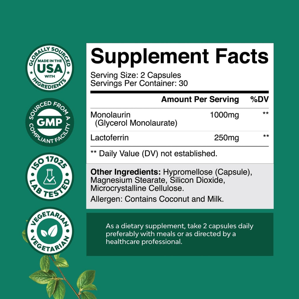 High Strength 250Mg Lactoferrin & 1000Mg Monolaurin Supplement - Microbiome Digestive Health Immune Support Supplement - Lactoferrin and Monolaurin Capsules - Vegetarian - 60 Count (Pack of 1)