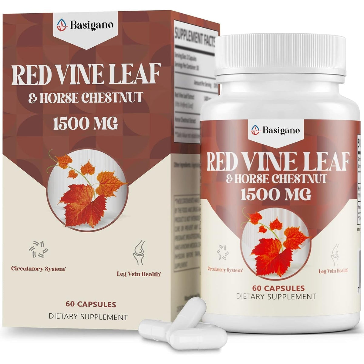 Red Vine Leaf & Horse Chestnut Extract Capsule Supplements (Vitis Vinifera) 1500Mg -Premium Extract for Healthy Veins, Circulation, Heart, Skin (1 Pack)