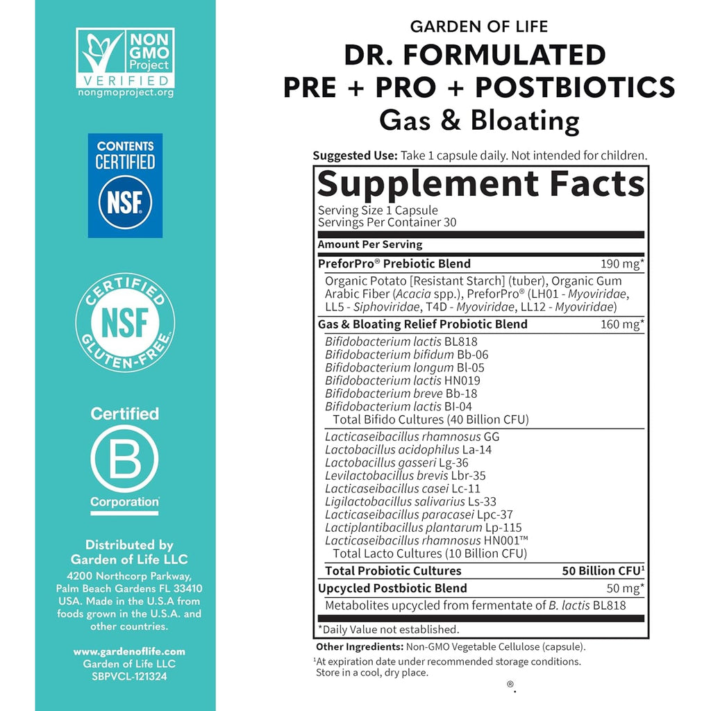 Garden of Life Dr. Formulated Pre, Post & Probiotics Gas & Bloating Once Daily 3-In-1 Complete Prebiotics, Postbiotics & Probiotics – 50 Billion CFU, Non-Gmo, Gluten-Free, 30 Day Supply