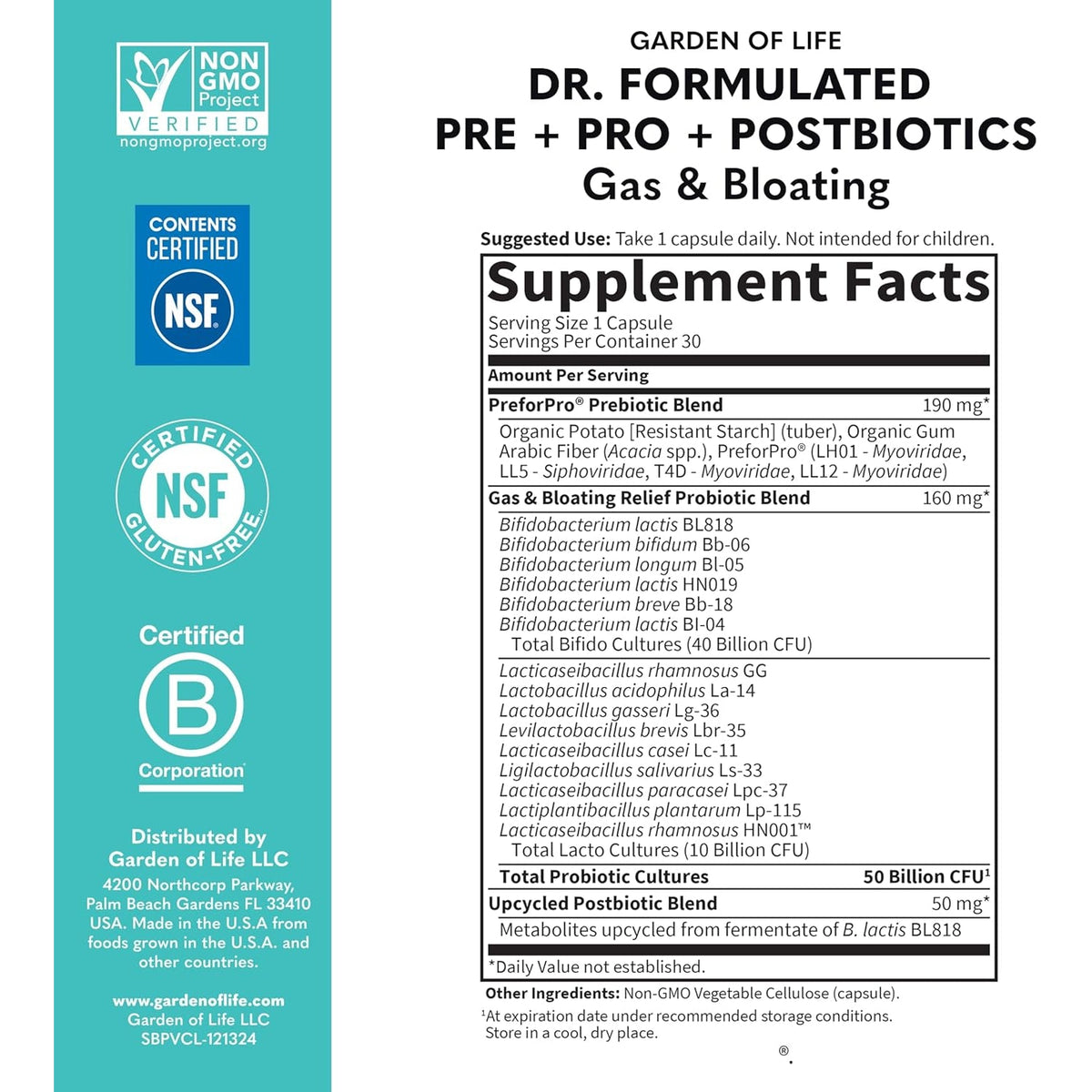 Garden of Life Dr. Formulated Pre, Post & Probiotics Gas & Bloating Once Daily 3-In-1 Complete Prebiotics, Postbiotics & Probiotics – 50 Billion CFU, Non-Gmo, Gluten-Free, 30 Day Supply
