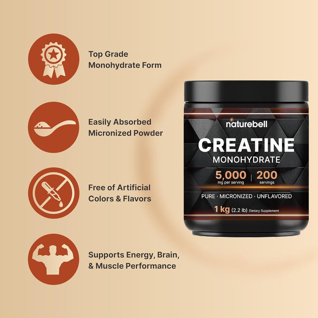 Naturebell Creatine Monohydrate Powder 1,000G, 5,000Mg per Serving, 200 Servings (2.2 Lb) | Micronized, Pure & Unflavored | Pre-Workout Muscle Support* | Keto, Vegan, Filler-Free