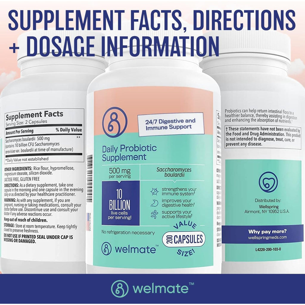 WELMATE - Daily Probiotic Supplement (200 Capsules) Saccharomyces Boulardii 500Mg - 24/7 Digestive Support, Immune Support - 10 Billion CFU - Over-The-Counter Medication - Vegan, Gluten Free, Non GMO