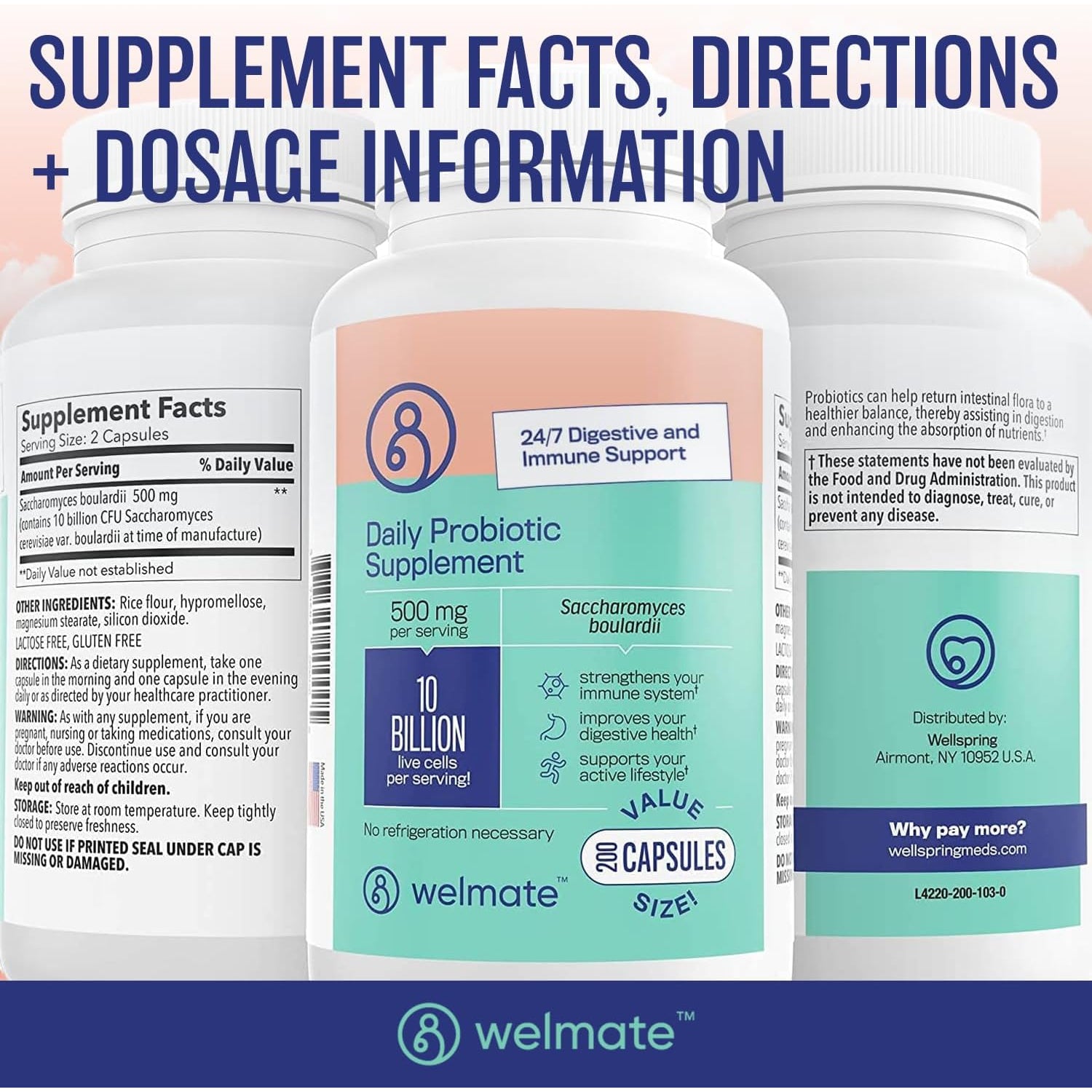 WELMATE - Daily Probiotic Supplement (200 Capsules) Saccharomyces Boulardii 500Mg - 24/7 Digestive Support, Immune Support - 10 Billion CFU - Over-The-Counter Medication - Vegan, Gluten Free, Non GMO