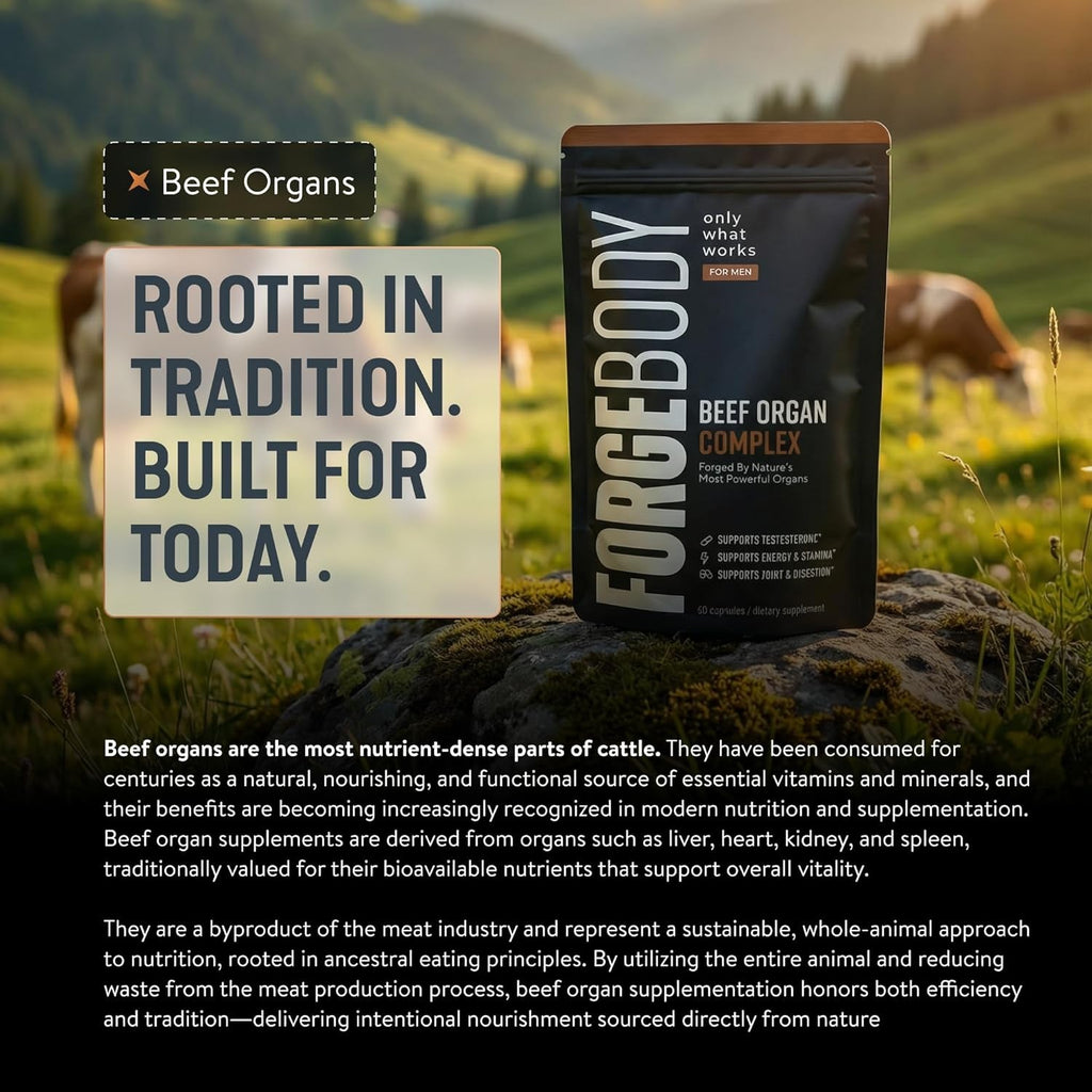 FORGEBODY® Beef Organ Complex Capsules [1 Month] - 100% Grass Fed Beef Organ Supplement with Blend of Liver, Heart, Bone Marrow, Pancreas & Testicles - Supports Body Health & Brain Function (Non-Gmo)